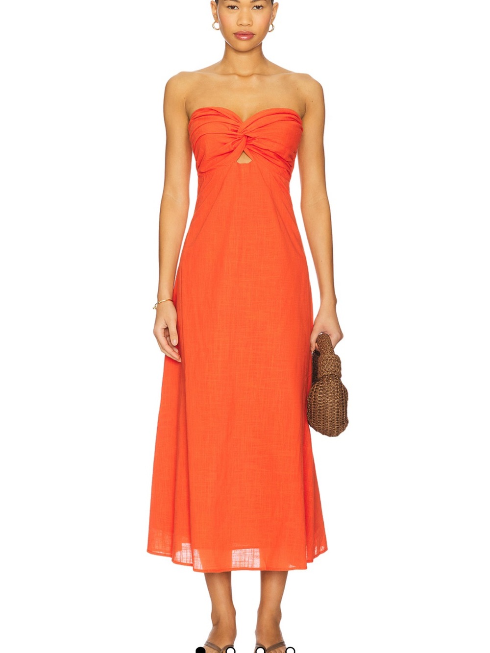 Strapless Twist-Front Midi Dress in Vibrant Orange